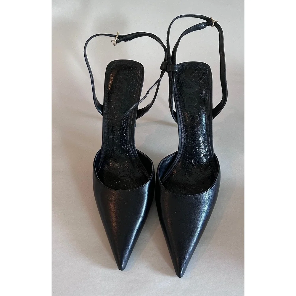 Sam Edelman Womens Black Leather Pointed Toe Slingback Gold Stiletto Heels 9.5